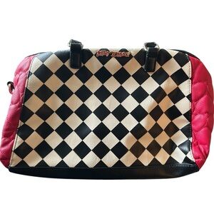 Betsey Johnson Black White Checkerboard Satchel with Pink Sides